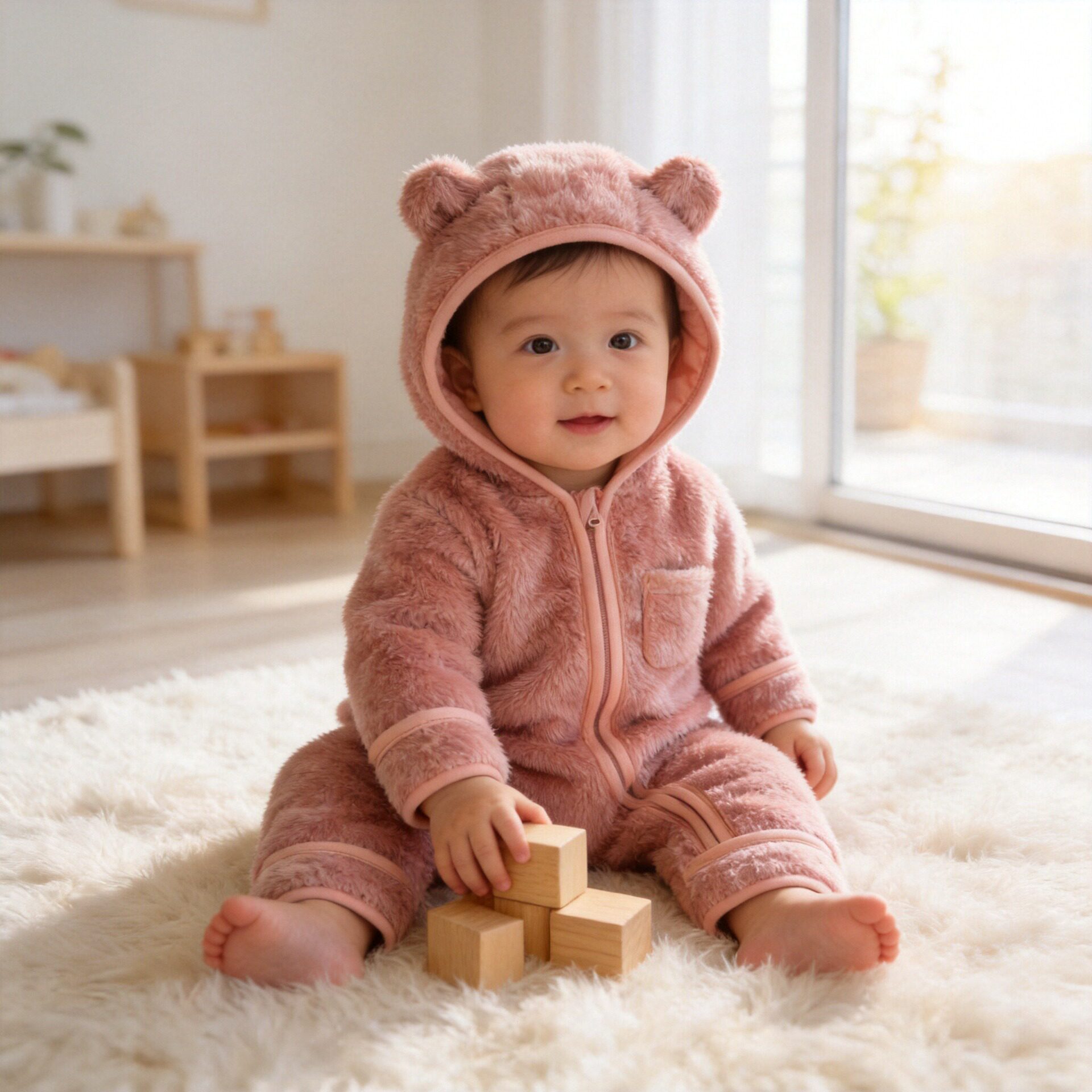 婴儿连体衣秋冬款小熊连帽爬服宝宝毛绒哈衣保暖外出服可爱萌