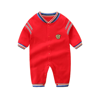 满月婴儿衣服新生红色纯棉连体衣男宝宝夏季薄款百天百岁宴礼服女