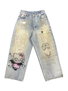 网络流浪汉 喷绘稀有艺术KT猫彩绘复古牛仔长裤ins金属风街头穿搭
