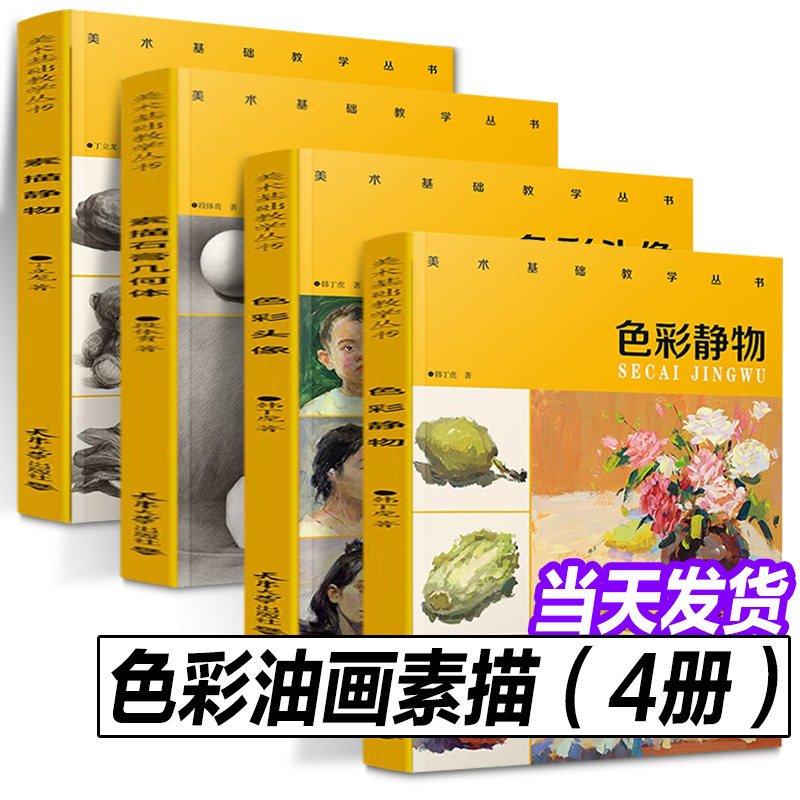 美术基础教学丛书4册套装 色彩头像+色彩静物+素描静物+素描石膏几何体 韩丁虎 初高中生美术联考教材用书 天津大学出版社