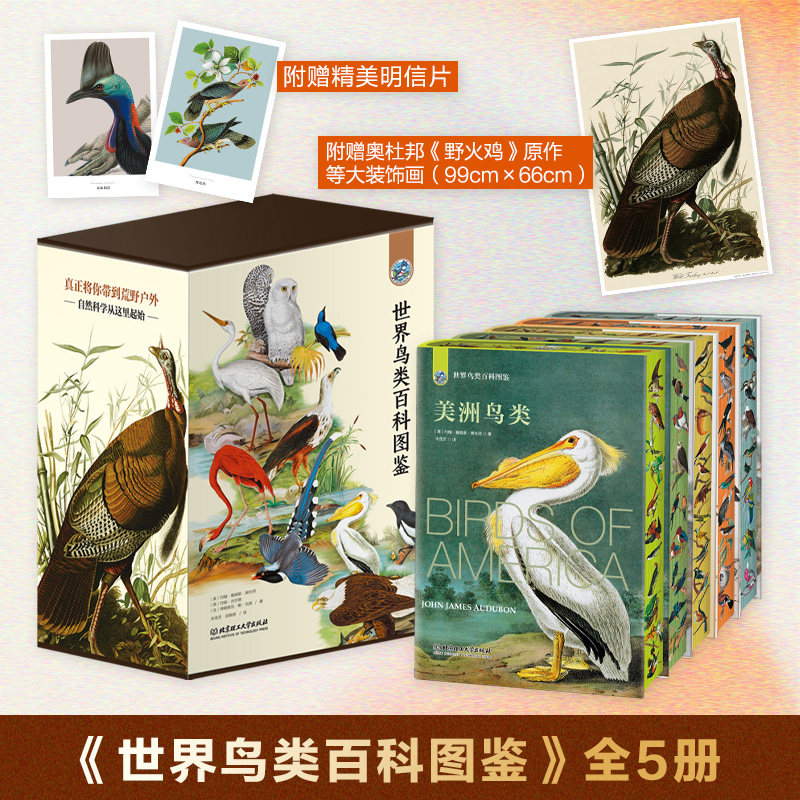 【赠明信片+刷边版】世界鸟类百科图鉴 全套5册 精装硬壳科普类书籍自然知识动物百科大全青少年儿童课外阅读初中生物知识写实插画