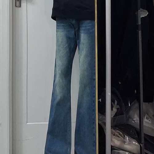 PIECEMEAL 高街复古水洗蓝色微喇牛仔裤男女美式显瘦潮牌休闲长裤