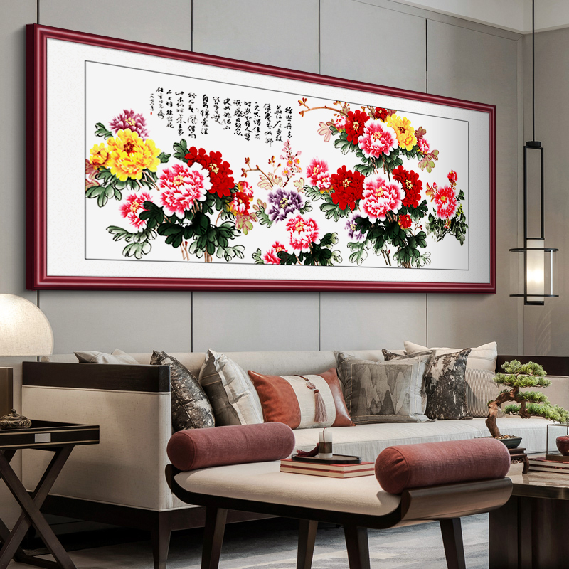 花开富贵国画牡丹花挂画新中式客厅沙发背景墙装饰画横幅花鸟壁画图片