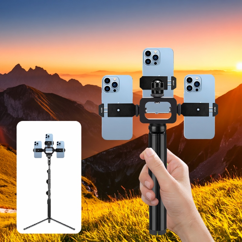 【全金属】三机位手机直播架双手机支架多机位便携抖音短视频汽车4S店车展直播多功能支架桌面拍摄手持三脚架