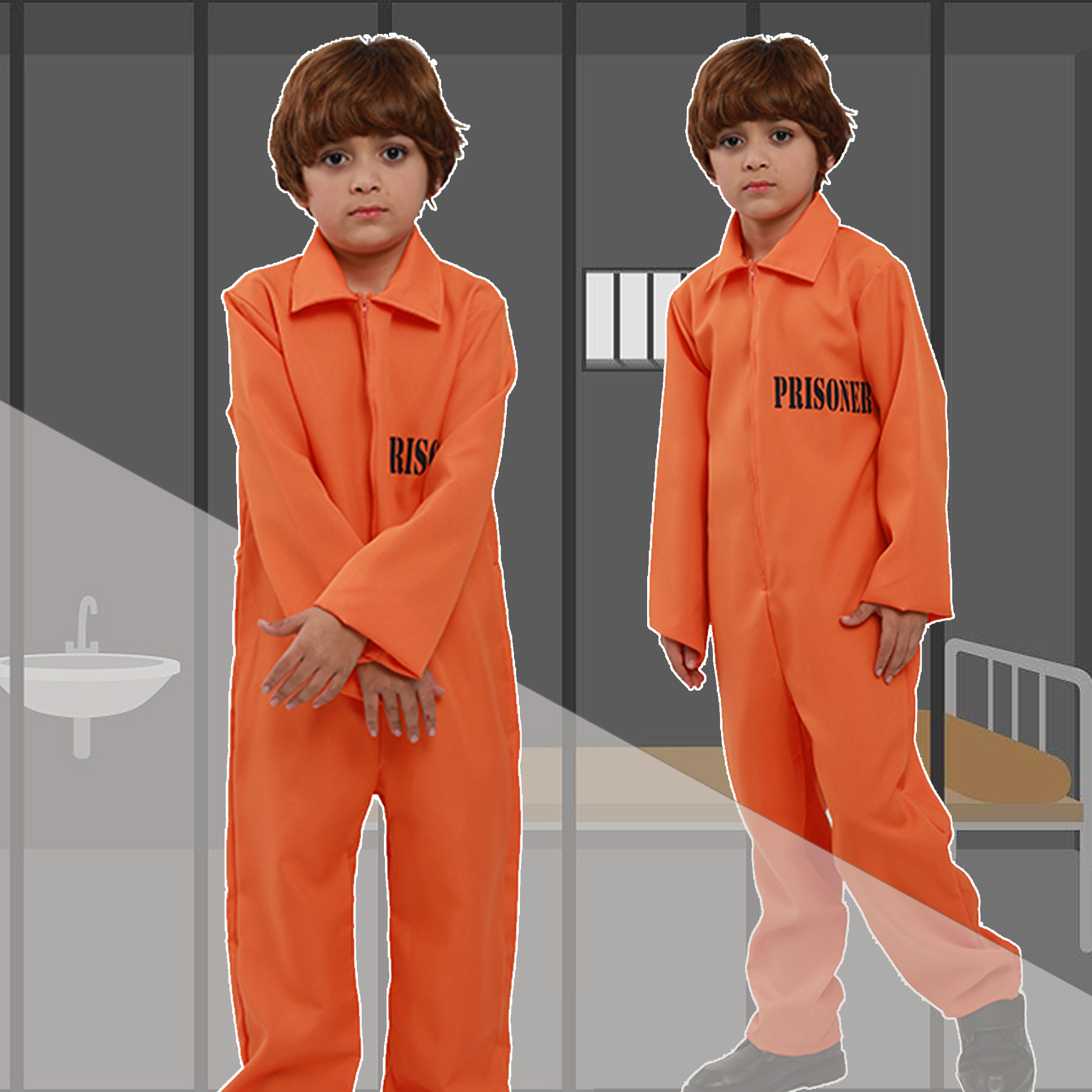 万圣节舞会儿童表演cosplay派对服装美国监狱警察桔色囚犯服-封面