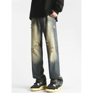男夏季 潮牌宽松直筒长裤 2025新款 子美式 炸街痞帅裤 水洗做旧牛仔裤