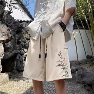 男潮牌夏季 短裤 薄款 五分裤 新中式 子国潮刺绣休闲中裤 国风盘扣西装