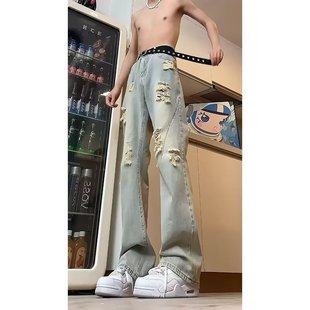 复古蓝破洞牛仔裤男高腰夏季古着vintage裤子美式vibe弯刀微喇裤