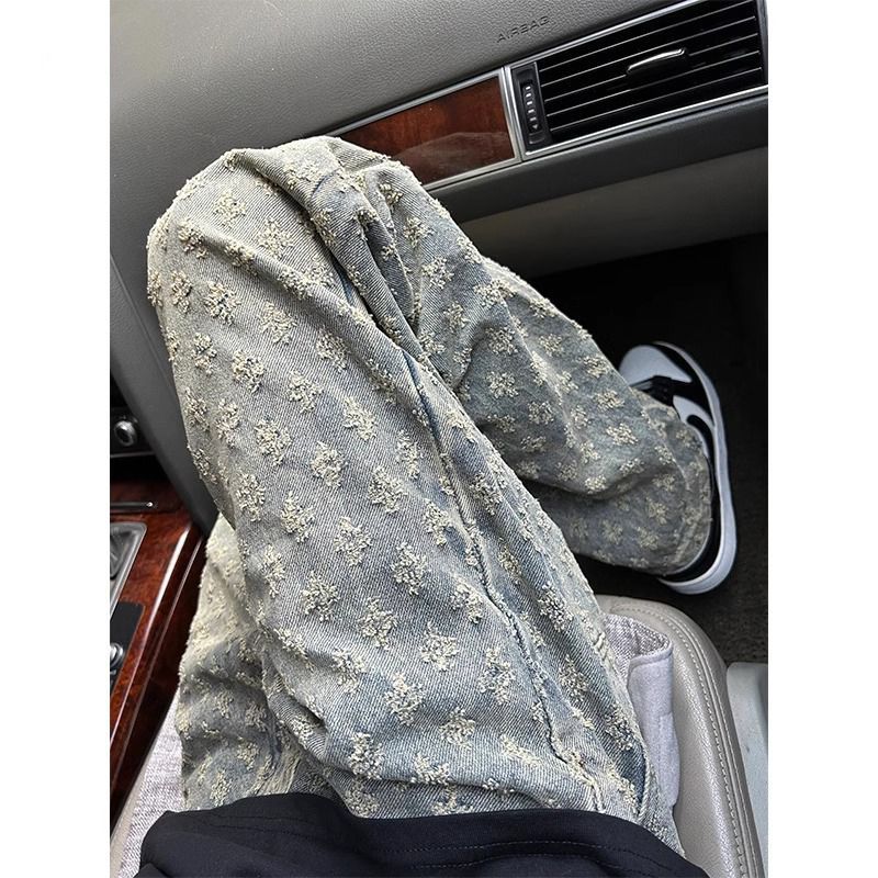 满印提花牛仔裤男秋冬潮牌炸街痞帅高级感裤子美式高街直筒微喇裤