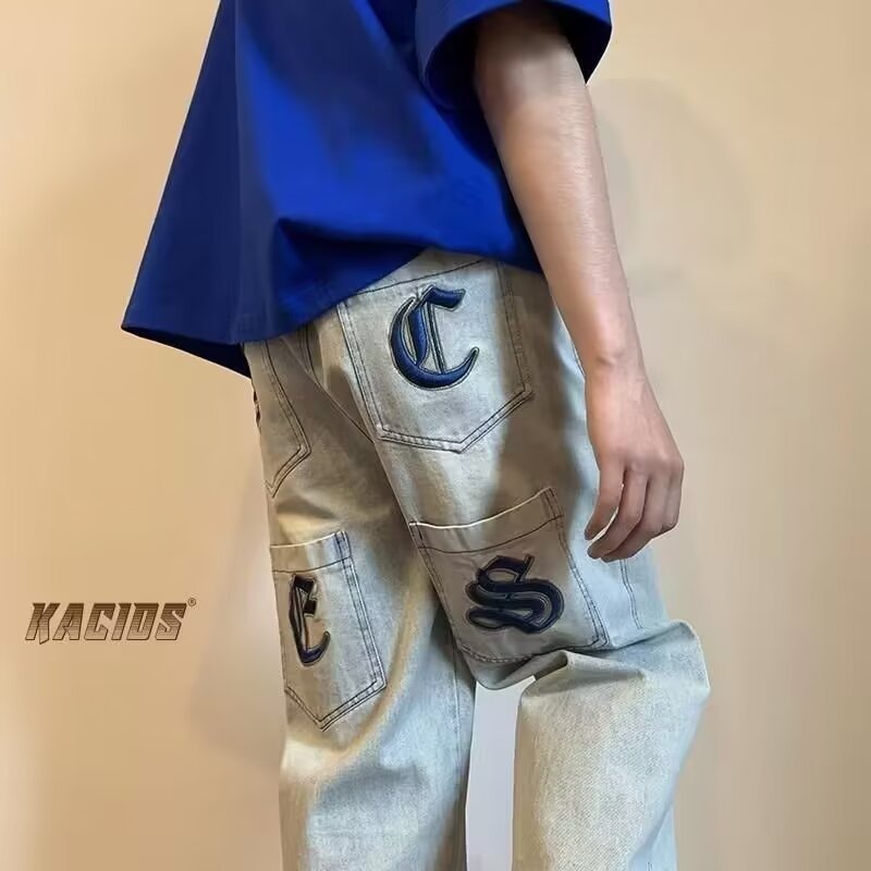 美式oldschool裤子阔腿裤设计感多口袋刺绣牛仔裤破洞潮ins高街男