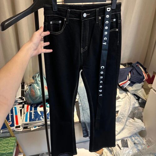 DC字母飘带微喇牛仔裤男女修身高弹YKK吊牌拉链轻奢高版本长裤