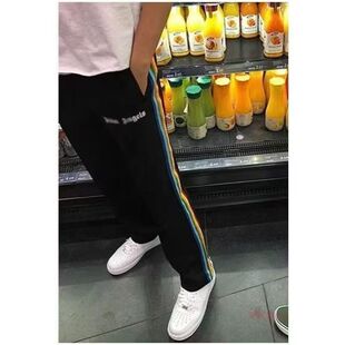 夏季新款彩虹条纹织带宽松男女休闲运动百搭天使长裤轻奢直筒裤子