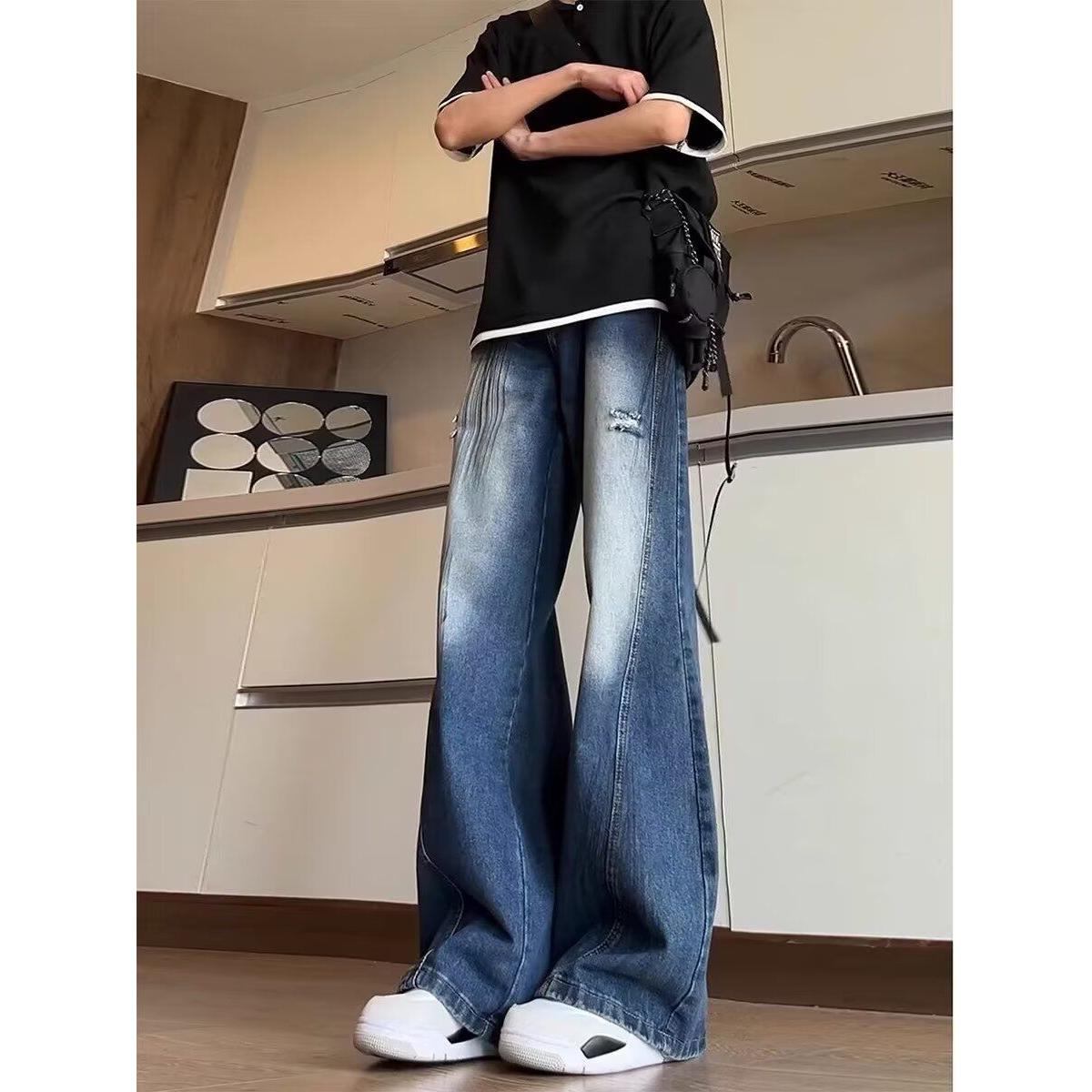 美式破洞弯刀牛仔裤裂痕水洗长裤cleanfit线条宽松帅炸街阔腿长裤