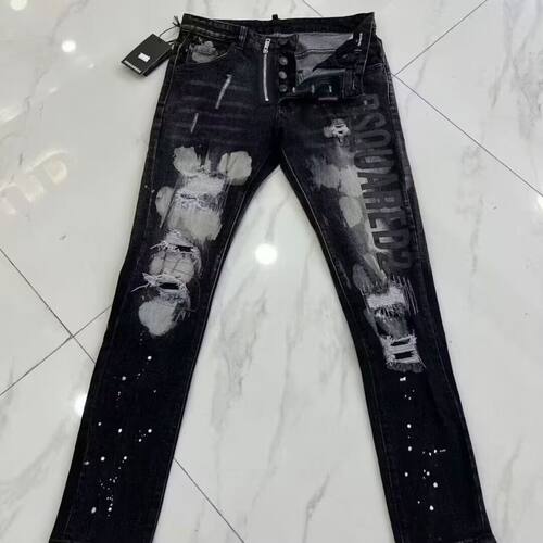 原创D2牛仔裤男破洞泼墨个性时尚水洗修身小脚裤jeans