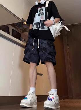 美式黑色工装短裤男款夏季高腰青少年裤子休闲扎染大口袋五分马裤