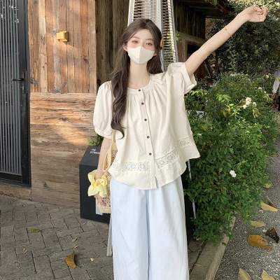 休闲法式泡泡袖亚麻上衣