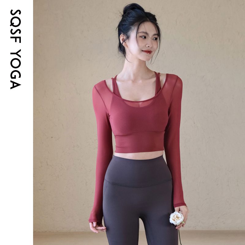 SQSF瑜伽服女春夏气质网纱假两件
