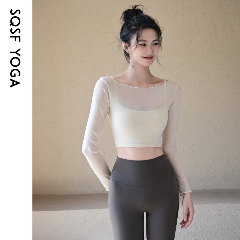 SQSF瑜伽服女网纱假两件带胸垫