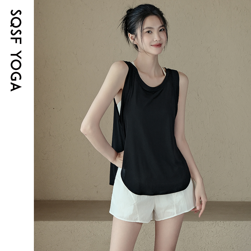 SQSF无袖瑜伽服女夏季宽松显瘦运动背心跑步透气罩衫健身T恤上衣