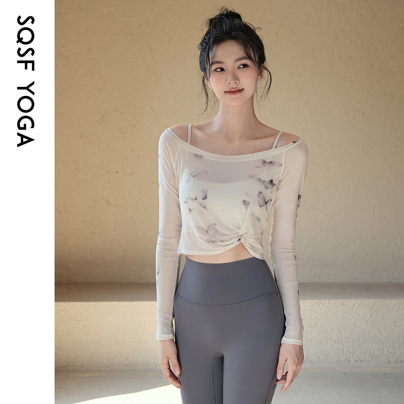 SQSF瑜伽服女带胸垫网纱假两件