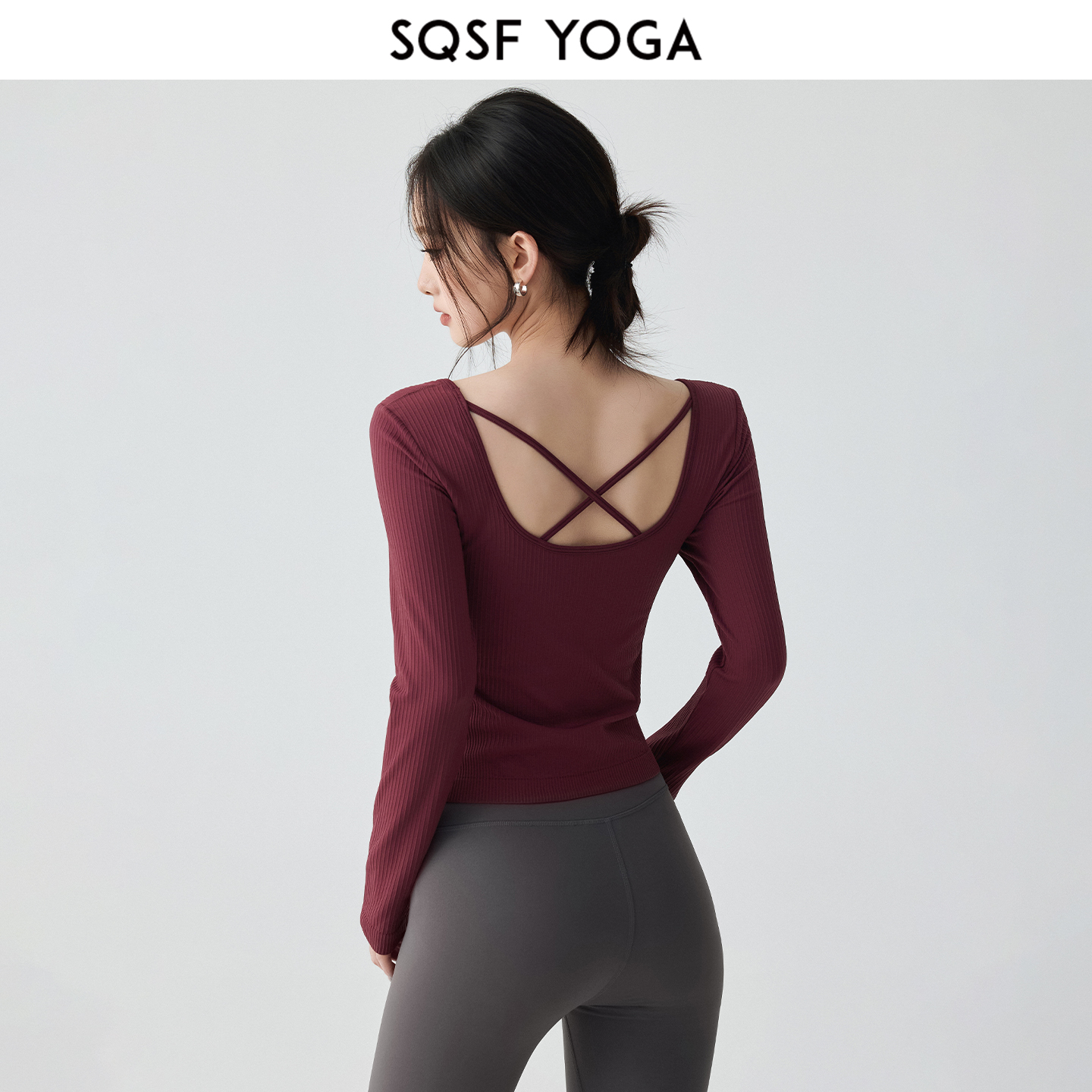 SQSF美背运动上衣女秋季带胸垫方领瑜伽长袖跑步训练普拉提健身服