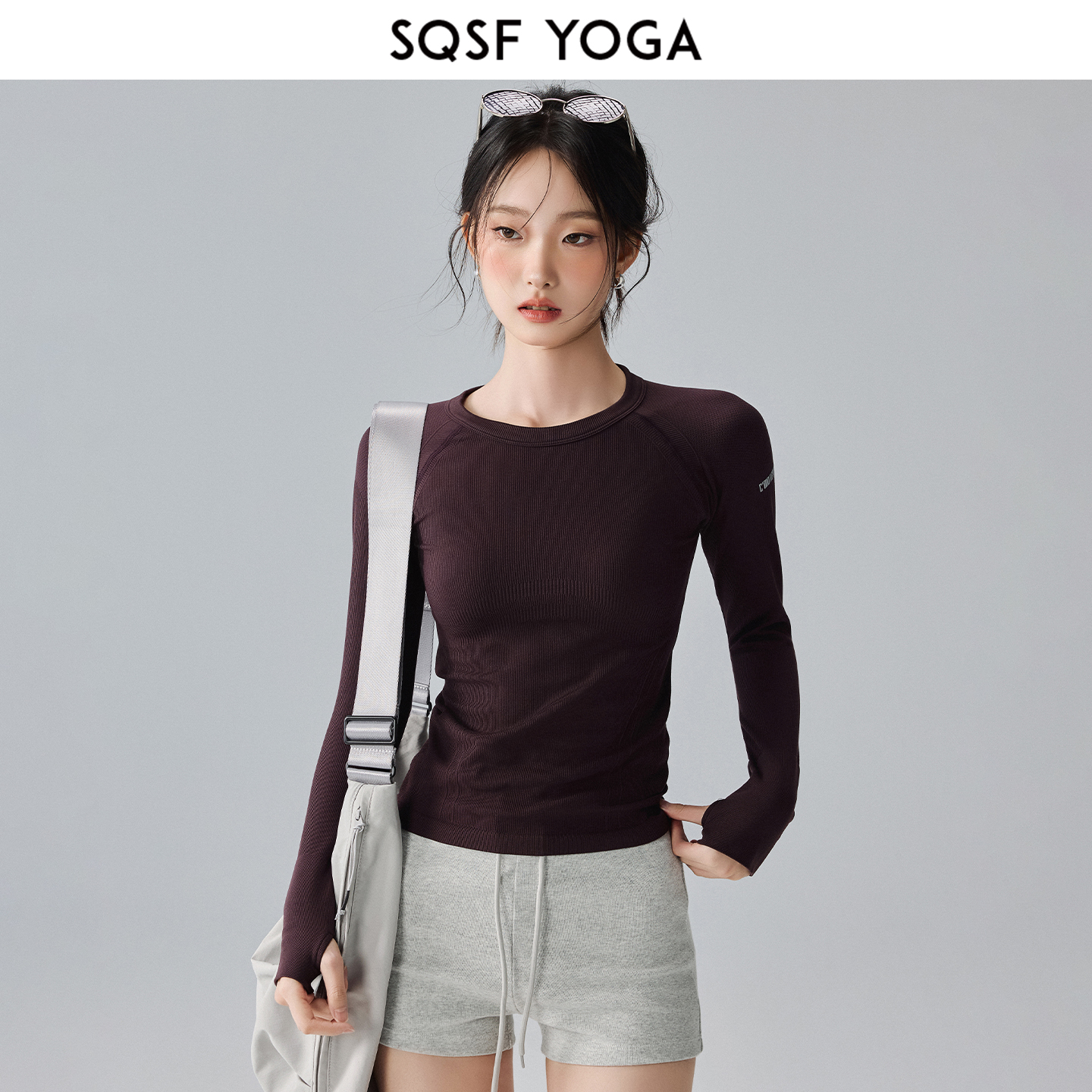 SQSF运动长袖女新款圆领弹力修身瑜伽服速干骑行跑步训练健身上衣