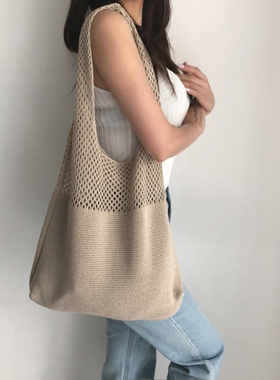 韩国chic简约复古镂空针织手提包单肩包女背心包ins毛线包购物袋