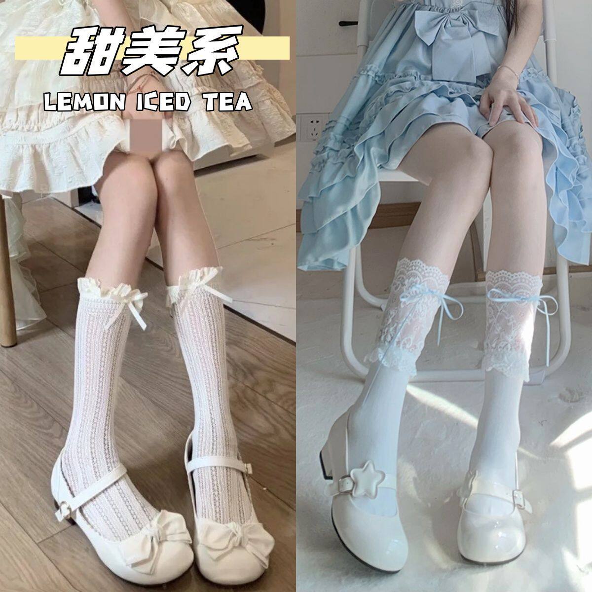 日系jk白色蕾丝花边过膝袜子女纯欲lolita长筒袜丝带中筒袜洛丽塔