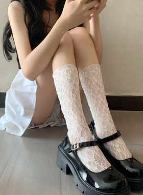 夏天白色蕾丝袜子仙女超薄网纱jk可爱透明小腿袜玛丽珍堆堆中筒袜