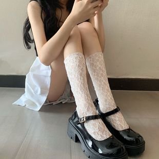 夏天白色蕾丝袜子仙女超薄网纱jk可爱透明小腿袜玛丽珍堆堆中筒袜
