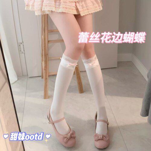 蕾丝花边蝴蝶结小腿袜子女夏白色甜美jk少女纯欲中筒袜堆堆lolita