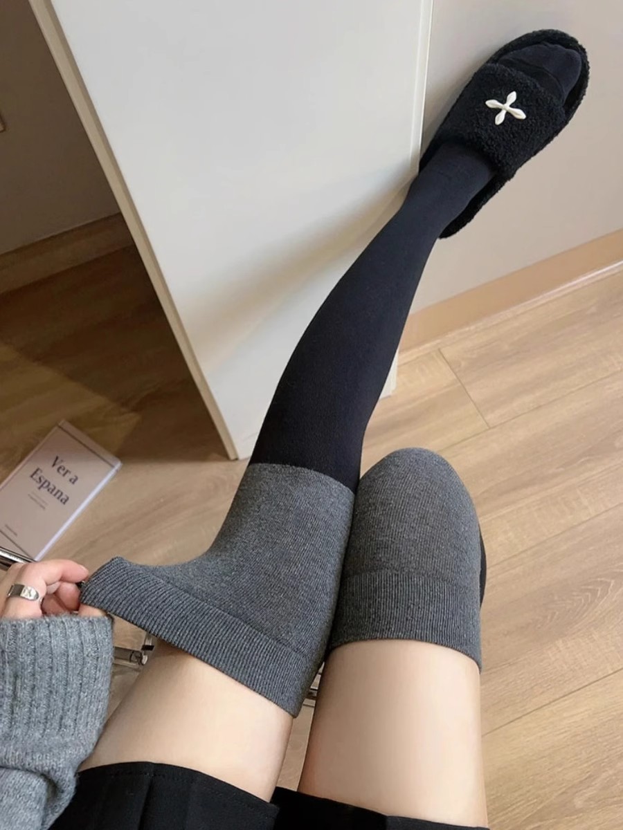 韩版黑灰拼接过膝袜女潮小腿简约高筒大腿袜子秋冬保暖长袜jk百搭