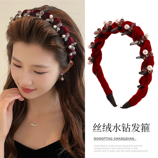 红色水钻发箍女高颅顶2026新款高级感洋气珍珠头箍洗脸压发卡头饰