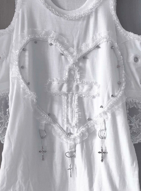 朋克天使-elevenX原创remake重工亚文化白哥特朋克蕾丝十字架T恤