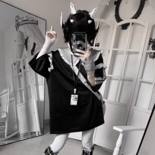 PIPOOX晕晕联名款 原创原宿机能风赛博亚文化萌系荷叶边领T恤