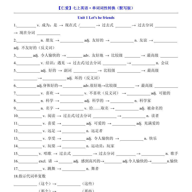 26新仁爱版七上英语单词词性转换初一英语词组句子用法说明