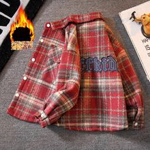男式儿童加绒衬衫男童一体绒秋冬款加厚格子衬衣2024秋装外套复古