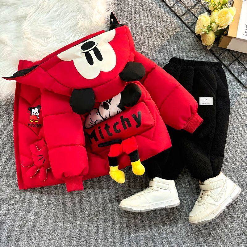 新年男童服装冬装加绒加厚外套女童卡通米奇棉服女宝宝棉衣套装潮