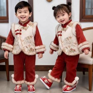 拜冬年服喜庆风婴儿男女童加绒加厚冬季套装宝宝马年过年国风周岁