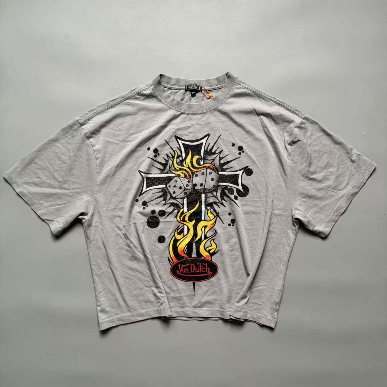 短宽版型 美式嘻哈风十字架火焰印花健身短袖T恤男宽松高街潮牌