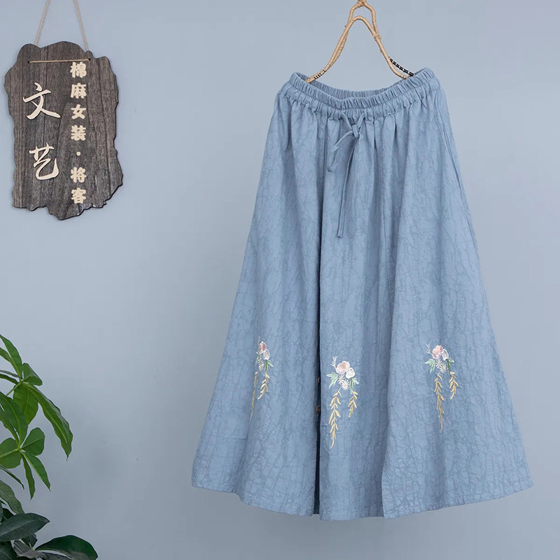 2023夏季新款文艺a字裙棉麻民族风精美刺绣中长提花松紧腰半身裙