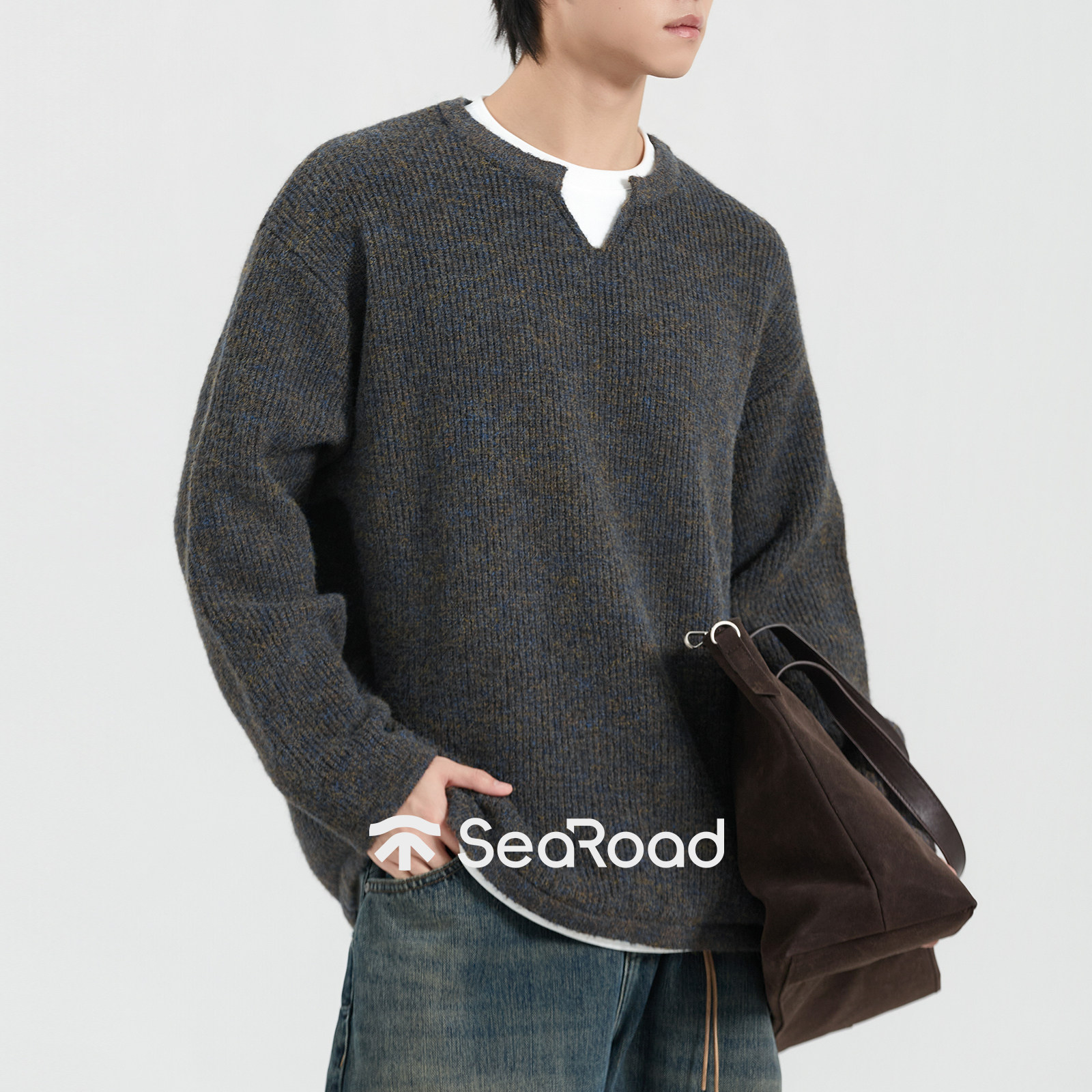 海上公路假两件小V领针织衫男士厚款25秋冬通勤休闲内搭打底毛衣