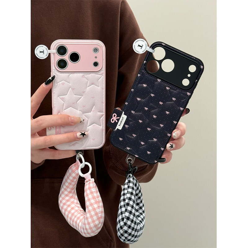 ins简约蝴蝶结带格纹手绳适用苹果17promax手机壳iPho