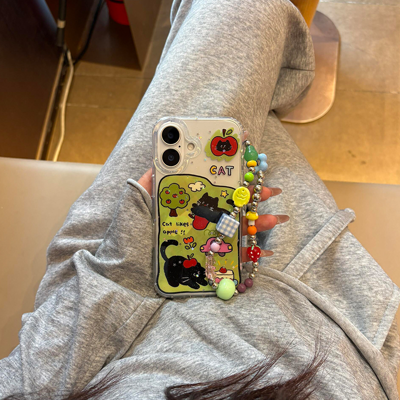 小众可爱苹果树黑猫带链条适用苹果16promax手机壳iPhone15女新款14韩系个性16高级感16Pro防摔保护套15pro男