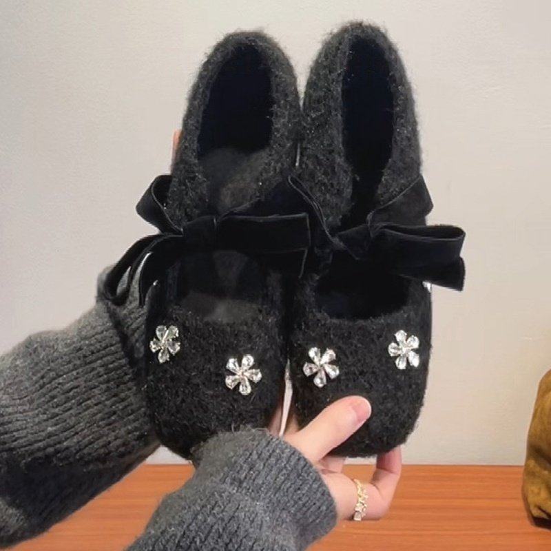 法式毛绒玛丽珍鞋女2025年冬季新款蝴蝶结水钻花朵豆豆鞋毛呢单鞋,女鞋,棉鞋,淘宝优惠券,粉丝福利购,淘宝优惠卷