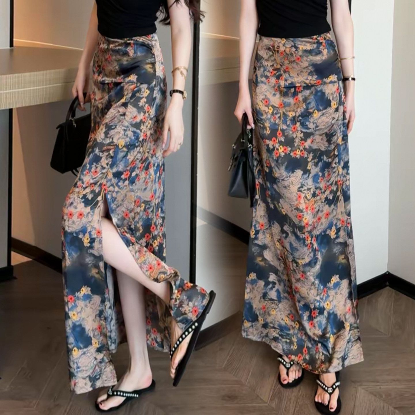 复古黑色半身裙女2026夏季薄款高腰a字显瘦后开叉气质包臀长裙子