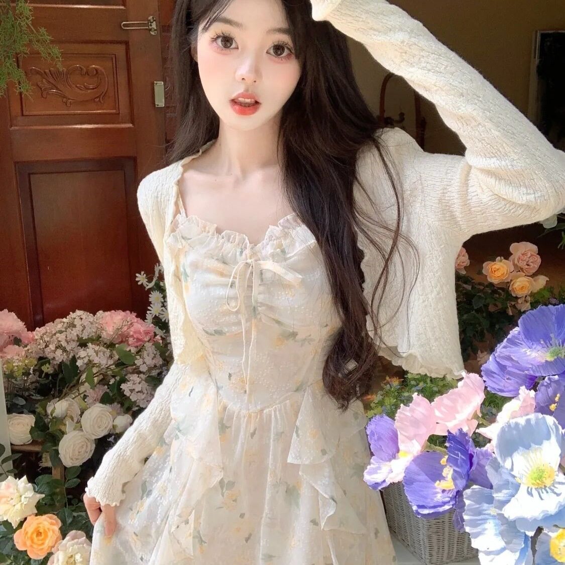 甜辣风雪纺荷叶边碎花吊带连衣裙套装女夏薄款防晒衣开衫收腰长裙
