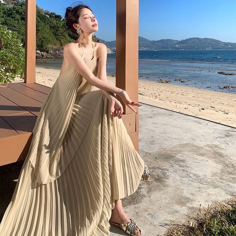实拍海边度假套裙2026夏新款旅游拍照穿搭大摆飘逸仙气百褶裙长裙