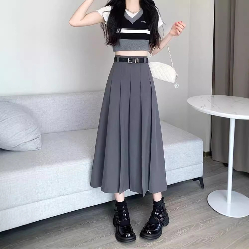 爆款2026女装显瘦半身裙百褶裙时尚遮肉开叉裙子女高腰黑色裙子