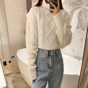 纯色镂空高领麻花毛 短款 速发8608山本毛款 麻花高领小个子短线衣袖